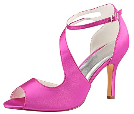Emily Bridal Scarpe da Sposa Sandali Peep Sandalo da Donna con Tacco Alto alla Caviglia Scarpe da Sposa in Raso a Spillo (EU36, Fucsia)