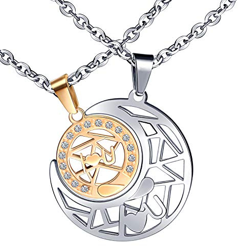 Feilok Coppia di collane per innamorati in acciaio inox, a forma di luna e sole, con scritta I love you, idea regalo per coppie, partner, Acciaio inossidabile