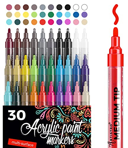 Acrylstifte - 30 Acryl Marker Medium Spitze (2mm) - Acryl Stifte zum Bemalen von Steinen, Fels, Holz, Stoff, Karte, Papier, Keramik & Glas - 28 Farben + Extra Schwarz & Weiß Acrylic Paint Marker Set