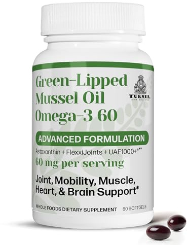 TURNER Omega-3 New Zealand Green Lipped Mussel Oil, 53x Higher Potency with UAF1000+ Super Antioxidant for Superior Joint Comfort & Mobility, No Fishy Aftertaste, 1 Bottle, 60 Softgels
