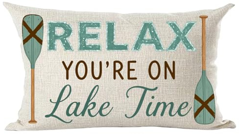 Ramirar Watercolor Blue Oar Word Art Quote Relax You're On Lake Time Summer Decorative Lumbar Throw Pillow Cover Case Home Living Room Bed Sofa Car Cotton Linen Rectangular 12 x 20 Inches