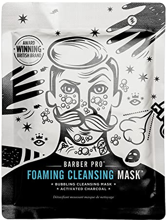 BARBER PRO Mens Face Mask Self Foaming Deep Cleanse Sheet Activated Charcoal Firming Purifying Clarifying Pores Tackles Blackheads Natural Vegan Skincare Multi Award Winning Brand