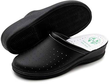 Poligono Ciabatte Sanitarie Anatomiche Uomo e Donna, Scarpe Pantofole Ortopediche Confortevoli con Tomaia in Vera Pelle Traforata, MADE IN ITALY, Nero (Donna) 37