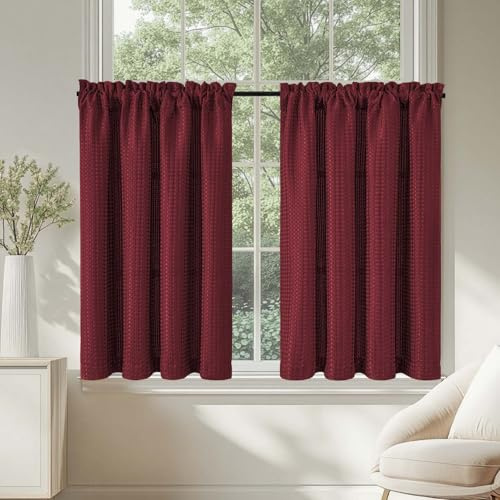 TOPICK Tende Passante tenda da bistrot Filtro della luce porta finestra balcone stile country roulotte corte rustiche soggiorno doccia tenda per interni 2 pezzi 90L x 115A cm, Bordeaux