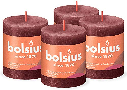 Bolsius Rustic Pillar Candle - Dark Red - Pack of 4 - Long Burning Time of 35 Hours - Household Candle - Interior Decoration - Unscented - Natural Vegan Wax - No Palm Oil - 8 x 7 cm
