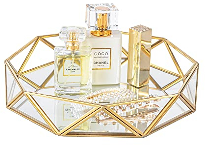 Feyarl Glass Perfume Tray 9.5Inch/24cm Mirrored Tray Gold Cosmetic Makeup Vanity Trays Jewelry Display Ornate Decorative Trays for Home Decor Dresser Tabletop