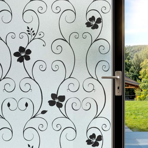 DIFIT Fensterfolie Blickdicht, Schwarze Blume Milchglasfolie, 90x300cm | Sichtschutzfolie Fenster, Statische Haftung, UV-Schutz, Dekorativ, Ohne Kleber, Wiederverwendbar, für Zuhause, Bad und Büro