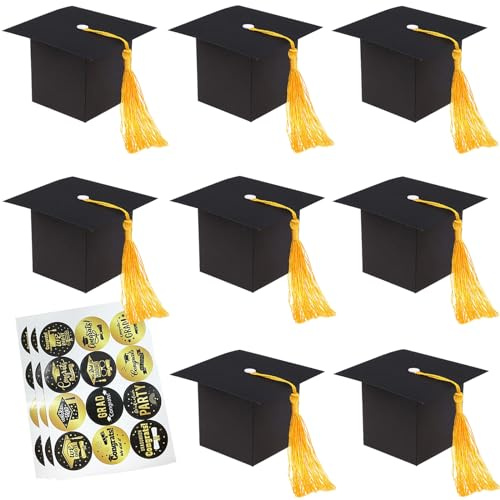 BESSEEK 30Pcs Graduation Cap Gift Boxes, Black Graduation Cap Shaped Candy Boxes with Yellow Tassel, Graduation Decorations for Graduation Ceremony Party