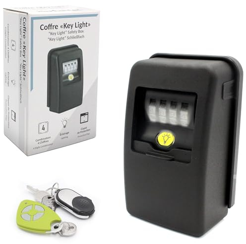 FISHTEC Schlüsselbox mit 4-stelligem Code - Mini Schlüsseltresor - Wandbefestigung, Verwendung Außen/Innen - LED-Beleuchtung - Wasserdicht + Verschlussklappe - Schwarz