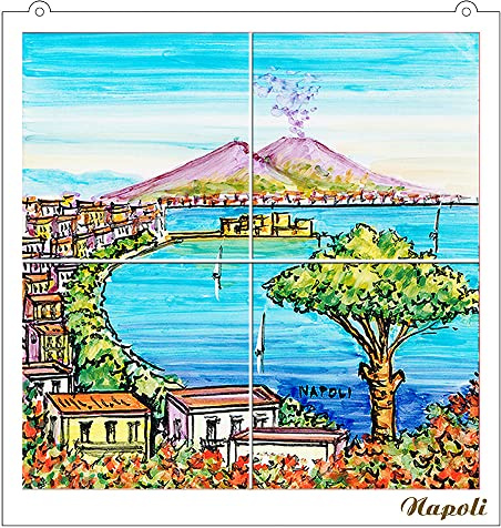 Napolamp Mosaico de 4 baldosas cerámicas de cm. 10x10 sobre Panel de Madera con Estampa de una localidad de la Costa Amalfitana en la decoración típica de Vietri. Medida con Panel cm. 25x25