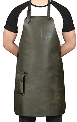 Otto Angelino Top Grain Leather Apron Woodworking, Cooking, Chef, Barista, Christmas Workshop with Tool Pockets (Green)