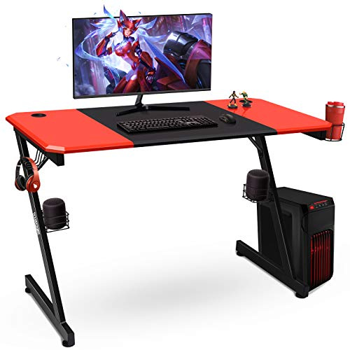 GIANTEX Scrivania Gaming a forma di Z, Scrivania Grande 120x60x76 cm, Scrivania da Gioco con Supporto per Bevande, Tavolo per Gaming o Computer, Ergonomica, Nero+Rosso