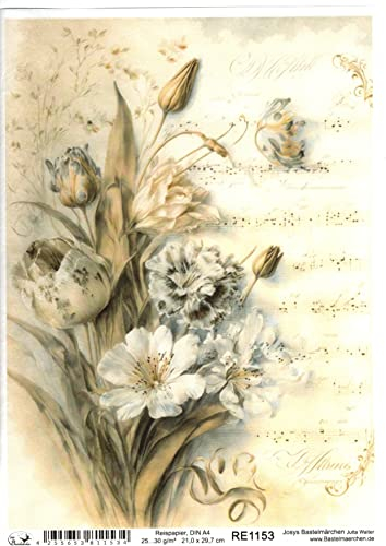 Josys Bastelmärchen Reispapier A4 Strohseide Decoupage Motiv Vintage Blumen Notenblatt RE1153