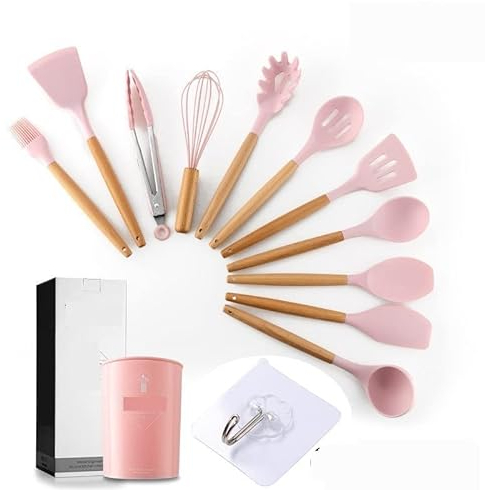 APBEAM Pentole Set di Utensili da Cucina Rosa Utensili in Silicone con Manico Multifunzione in Legno Spatola Antiaderente Gadget da Cucina 13 Pezzi Utensili da Cucina
