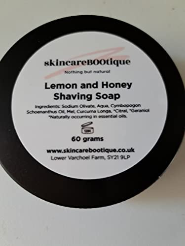 lemon and honey natural shaving soap, handmade in a tin. Suitable for alll skin types made frm olive oil, cruelty free ecofriendly