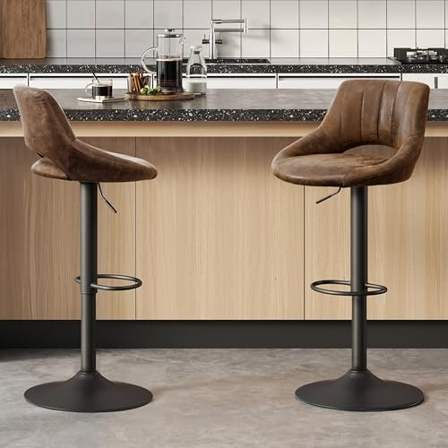 Zouron Bar Stools Set of 2 Bar Chairs Swivel - Vintage Brown Faux Leather with Backs, Height Adjustable Swivel Gas Lift Seat 60-81cm, Black Footrest, for Kitchen Island/Breakfast/Dressing Table