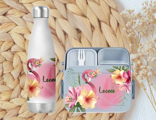 wolga-kreativ Personalisiertes Set Mepal Brotdose blau und Trinkflasche Flamingo Blumen für Jungen und Mädchen - Bento Lunchbox mit Fächern und Unterteilung Geschenk Schule Kindergarten