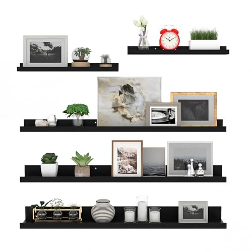 Giftgarden 90cm Lang Wandregal Holz, Schwarz Großer Schweberegal Bilderleiste für Wohnzimmer, Küche, Kinderzimmer, Schlafzimmer oder Büro - 5 Stück mit Verschiedenen Größen