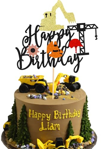 Arthsdite Bau Happy Birthday Kuchenaufsatz - Kipper, Bagger, Traktor, Kuchendekorationen für Bauthemen, Babyparty, Kindergeburtstag, Partyzubehör – Schwarz