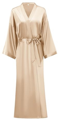 MizzGenio Women's Long Satin Kimono Robes Silky Bathrobes Bridesmaid Robes Long Dressing Gowns Champagne, S/M