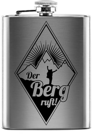 Flachmann mit Gravur aus Edelstahl - Der Berg ruft! - Geschenk Wandern Skifahren Outdoor - Praktische Taschengröße | Silber, 226 ml
