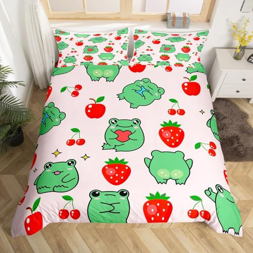 richhome Cartoon Frogs Kids Duvet Cover Single Size,Cute Pool Animals Frogs Bedding Set,Girls Boys Adults Room Decor,Strawberry Cherry Fruits Comforter Cover,Colorful Kawaii Quilt Cover,1 Pillowcase
