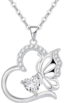 Silverhalsband för kvinnor Hjärta Fjäril April Birthstone Hänge Halsband Smycken Presenter för Kvinnor/Flickor Årsdag Födelsedag Mors Dag Jul Alla hjärtans dag