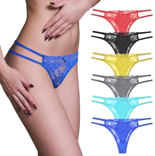 AUYAO 6-pack spetsstringtrosor för kvinnor, spetsstringtrosor osynliga trosor, flerfärgade spetstrosor G-strängar, genomskinliga underkläder teddy underkläder spets bikinitrosor, damer låg midja