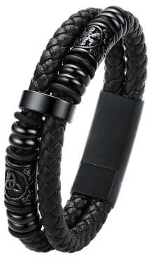 Richsteel Armband Herren Edelstahl Leder 19/21/23cm Silber/Schwarz Lederarmband Flechtarmband mit Magnet Verschluss Doppelreihiges Magnetarmband Schmuck Keltische Elemente Anpassbar
