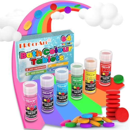 Bombe da Bagno Bambini - 64 Conteggi di Compresse Colorante da Bagno, Ingredienti Delicati e Non Profumati, Bombe da Doccia per L'Apprendimento dei Colori, Il Bagno - 6 Colori