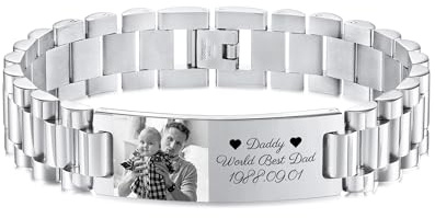 OTXIXTO Personalisiertes Armband für Papa Herren mit Eingraviertem Bild/Text Verstellbares Edelstahl Gliederarmband für Männer Papa Geschenke für Vater Ehemann Opa Sohn Freund Vatertag Geburtstag