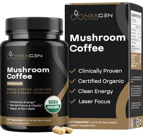 100% Organic Mushroom Coffee Capsules - Natural Energy Supplement with 130mg Caffeine from Clinically Proven Patented Green Coffee Bean & Guayusa Extracts for Jitter-Free Energy & Focus (60 Servings)