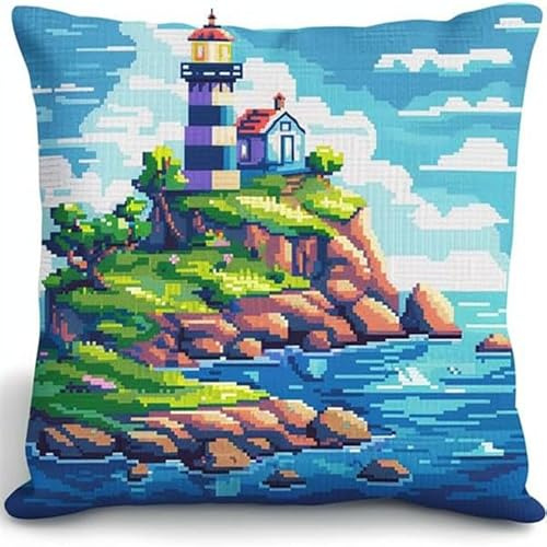 WallustrioaW Meerblick knüpfkissen set erwachsene,Leuchtturm der Insel,latch hook kissen kit,DIY Knüpfhaken-Set Knüpfkissen Zum Selber Knüpfen,43x43cm