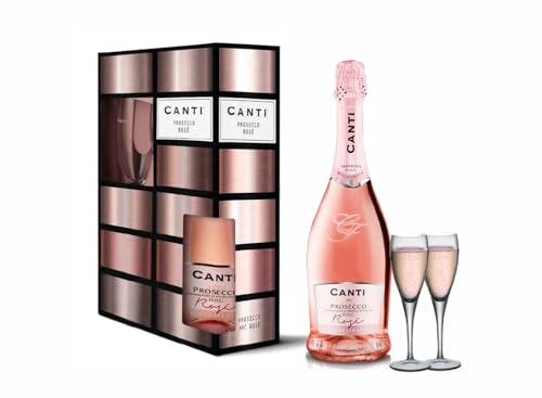 Canti - Prosecco D.O.C. Millesimato, Rose Sparkling Extra Dry Wine, Gift Pack with 2 Glasses, Italian Glera and Pinot Noir Grape Varieties from Veneto, Fresh and Sweet Taste, 750 ml