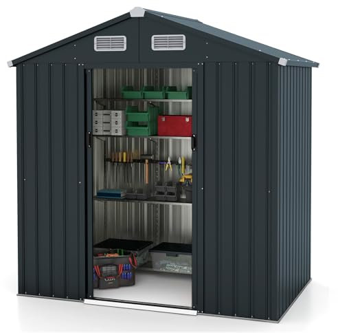 HOMASIS Abri de Jardin Métal 193 x 129 x 196 cm, Cabane de Jardin avec Toit Incliné, Portes Coulissantes, Aérations, Cadre en Acier Galvanisé Antirouille, Abri à Outils pour Jardin, Terrasse, Garage