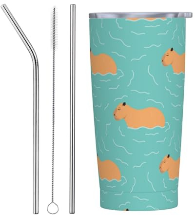 VOSERY Botella de agua de 20 onzas con tapa y popote, vaso aislado de animales Capybaras de acero inoxidable, taza de café de viaje, vaso personalizado