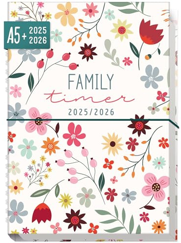 Häfft® Family-Timer 2025/2026 A5 Wild Flower Familienkalender 4 Spalten, Buchkalender Familienplaner für 18 Monate: Juli 25 bis Dez 26 - nachhaltig & klimafreundlich