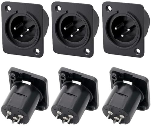 VISSQH 6 pcs XLR Male Socket,XLR Solder Connector Microphone Audio Socket 3 Pin Panel Mount Microphone Cable Plug for microphone speaker etc(Black)