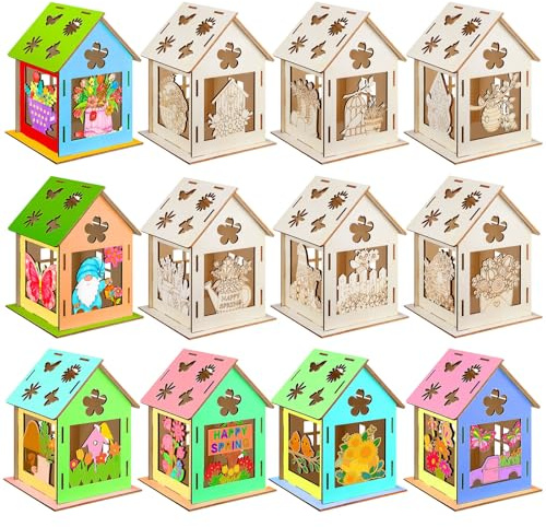 Cinnvoice 12 Sets Spring House Craft Kit to Paint DIY Birdhouse Kit Painting Puzzle Spring Wooden Houses Village Scene Festival Wood Craft House Decors for Table Centerpieces Home