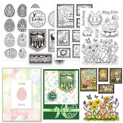 GLOBLELAND 4 Blatt Vintage Ostereier Kaninchen Briefmarken Klare Stempel Zur Kartengestaltung Künstlerisches Muster Ei Silikon Klarstempel Grüße Transparente Stempel Siegel Für DIY Scrapbooking
