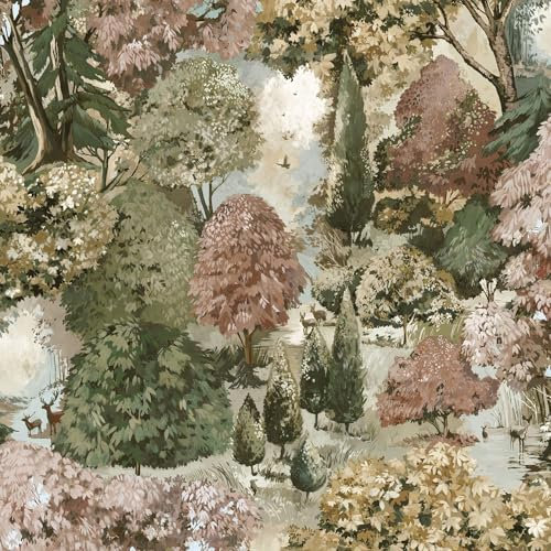 Basildon Forest Woodland Animal and Forest Themed Hand-Painted Look Victorian Style Tapestry Wallpaper for Bedrooms, Living Rooms Rust/Green Holden 13931