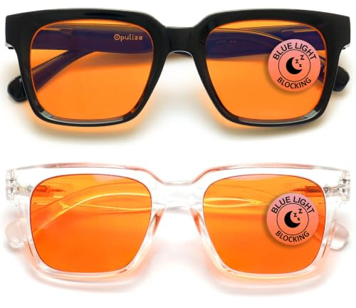 OPULIZERA Gafas luz azul mujer y hombre - Lentes Naranjas - Gafas filtro luz azul 99.9% - Antirreflectante y Antideslumbrante UV400 - Paquete de 2 - Juegos y dormir - Negro Claro