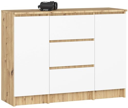 AKORD Kommode K100 mit 3 Schubladen, Schrank mit 2 Tür 4 Regalböden, Für das Wohnzimmer Schlafzimmer, Moderne, 16mm Laminierte Platte, B101xH76xT35 cm, Farbe Artisan-Eiche & Weiß