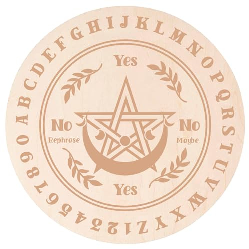 GORGECRAFT Planche à Pendule en Bois 25cm Motif Étoile Lune et Feuille Bois Divination Métaphysique Message Planchette Sculpture sur Bois Sorcellerie Dessous de Verre Plat Rond pour Méditation Wicca