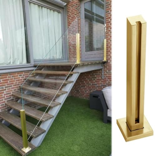 Système de garde-corps en verre doré – Balustrade angulaire en verre en acier inoxydable, poteaux centraux et d'extrémité carrés en verre – Kit d'intérieur complet pour intérieur élégant.
