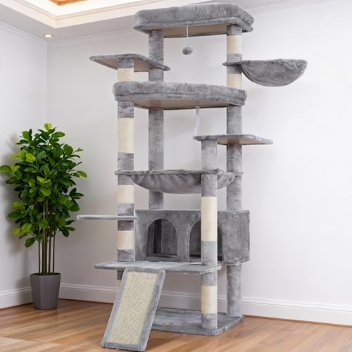 Heybly Kattklätterträd 202 cm - Stort Kattklättringsträd med 2 Extra Stora Plattformar, Kattkoja, Korg, Sisalrep, Klösbräda & Hängmatta för Vuxna Katter i, Ljusgrå Färg HCT038W