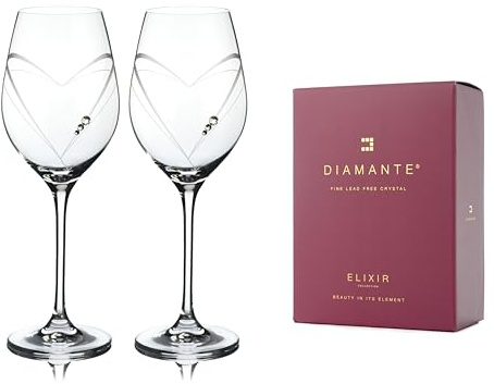 DIAMANTE White Wine Glasses Pair - 'Hearts' Hand Cut Design Embellished with Swarovski Crystals Set of 2 in Gift Box Crystal - 350ml Capacity