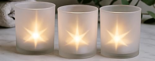khevga Windlicht Weihnachten Sterne 3er Set – Glas Teelichthalter mit Sternenmotiv, Schattenwindlicht für Festliche Tischdeko & Adventsdekoration