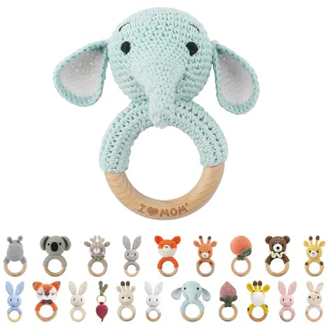 I LOVE MOM Greifling Babyrassel Beißring Gehäkelte Holz Häkeln Tiere Greifling Holz Spielzeug mit Sound Baby Geschenk für Neugeborenes Junge und Mädchen Geschenk zur Geburt - Grüner Elefant