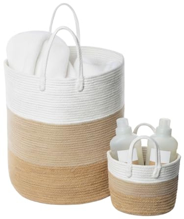 Aufbewahrungskorb groß 2er Set (67L + 7L) aus Baumwollseil – geflochtener Wäschekorb/Deckenkorb, rund, weich & stabil, mit Griffen, für Wohnzimmer, Schlafzimmer & Kinderzimmer